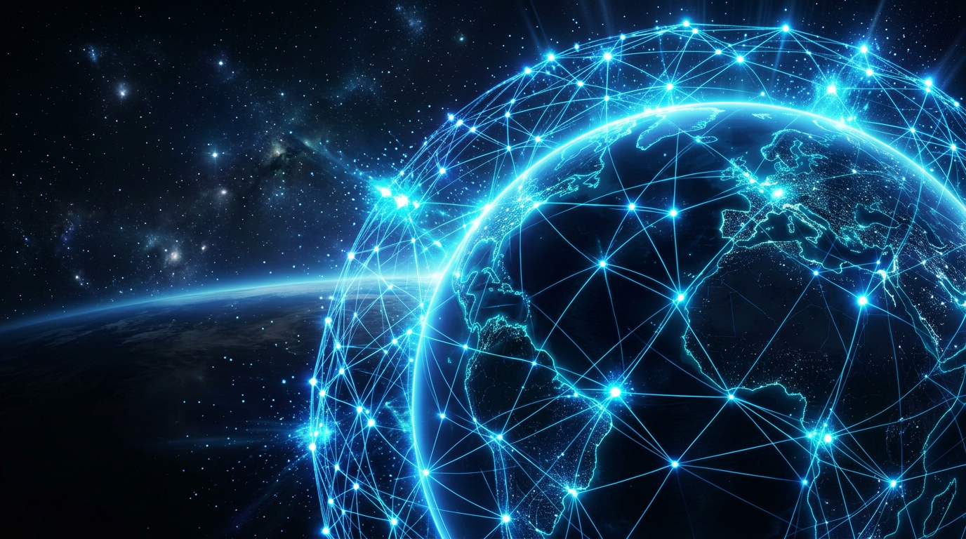 Abstract digital mesh network glowing with electric blue and cyan lines against a deep dark background, symbolizing a decentralized global communication system.