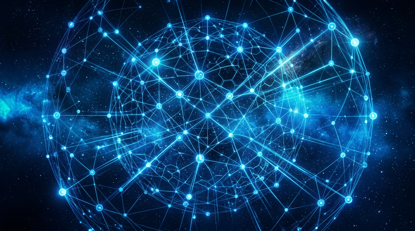 A futuristic, interconnected mesh network glowing with vibrant blue and cyan light, symbolizing global, decentralized communication without traditional cellular towers.
