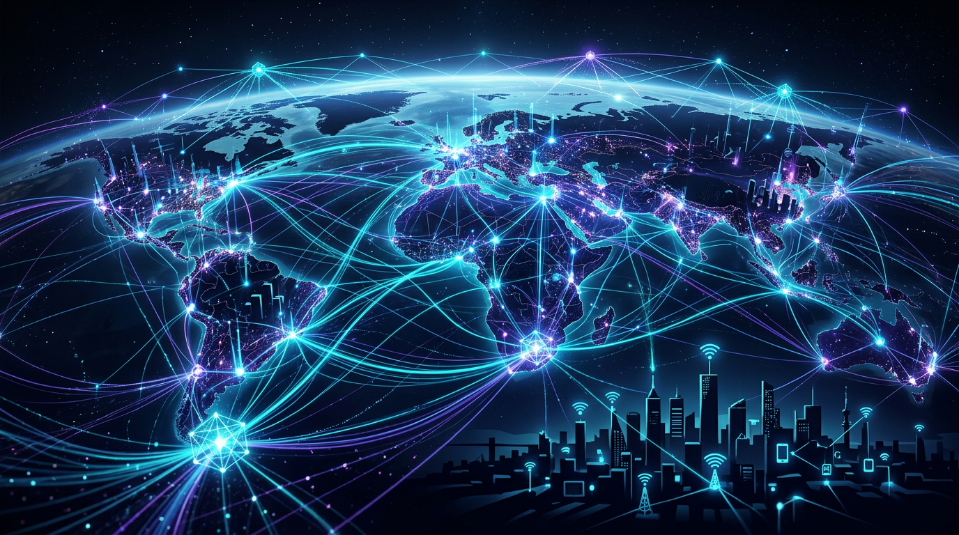 Futuristic abstract visualization of an interconnected device-to-device mesh network with luminous blue and electric cyan data streams glowing in a decentralized web.
