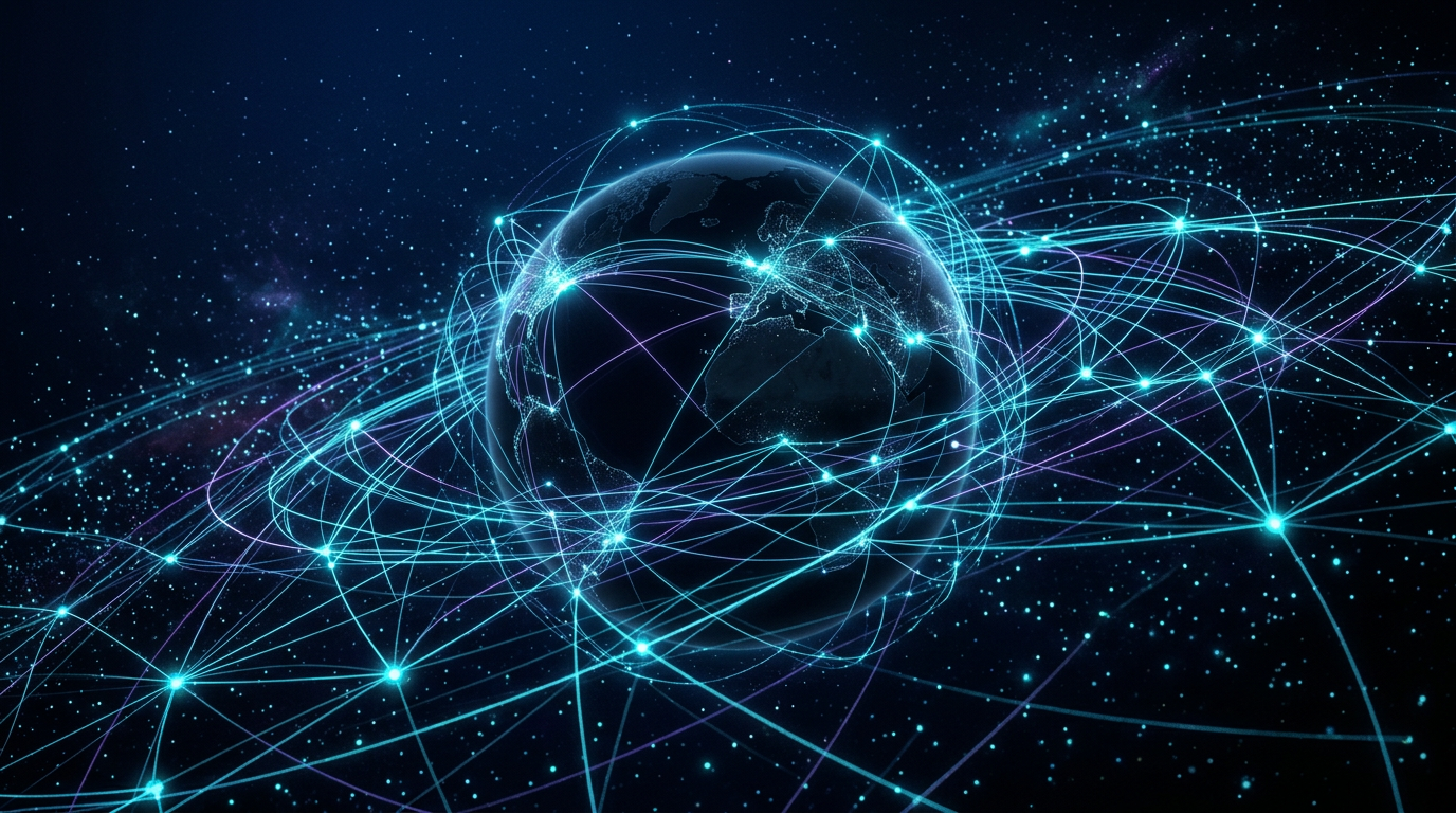 Abstract visualization of a decentralized peer-to-peer communication mesh network with glowing nodes and interconnected lines
