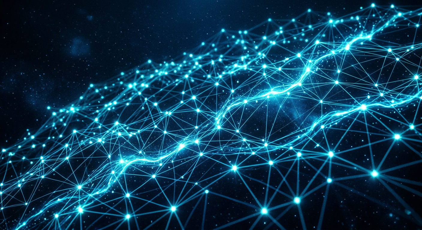 Abstract digital mesh network with glowing nodes and interconnected lines, symbolizing global decentralized communication.