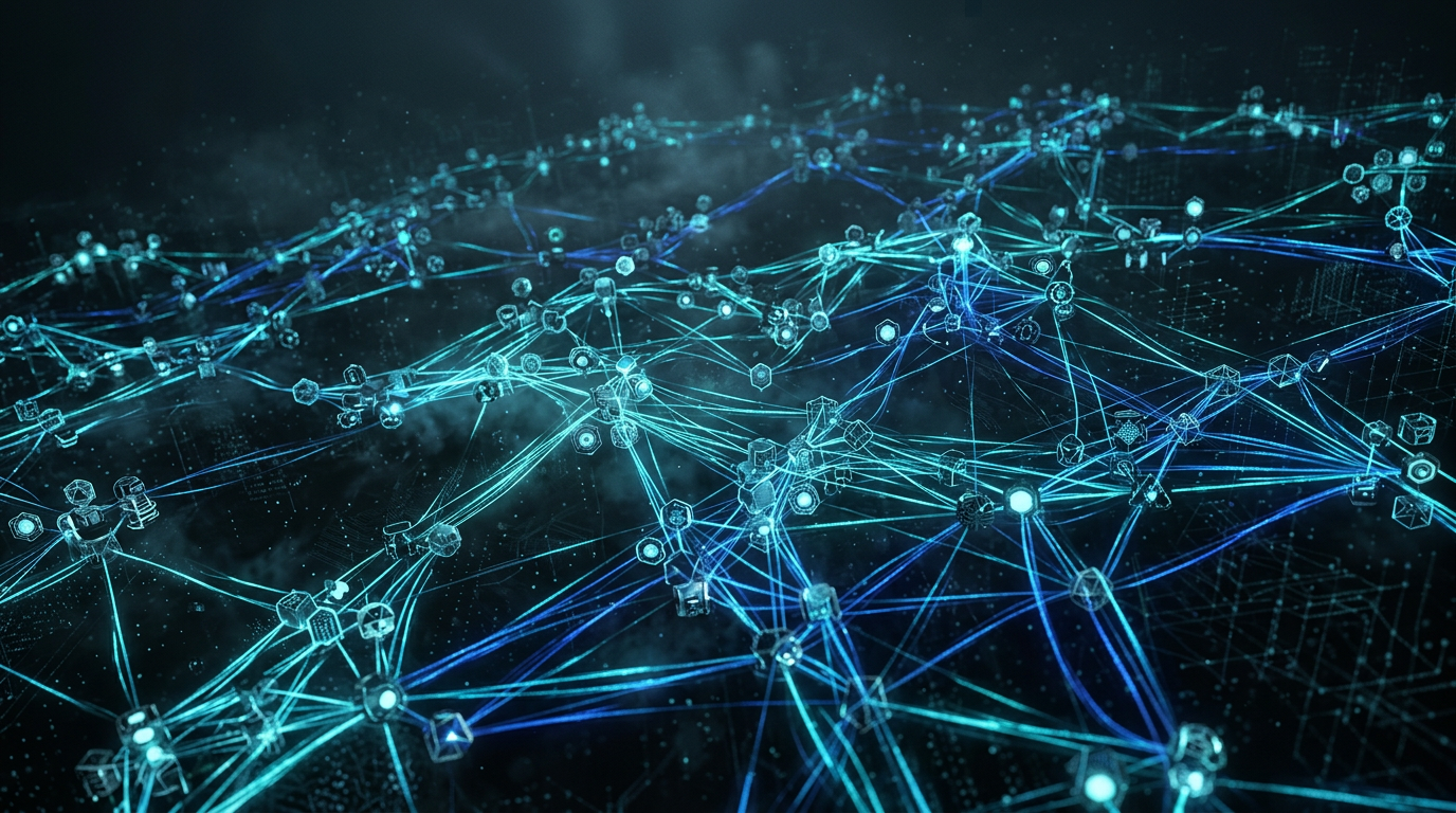 Abstract visualization of an interconnected, decentralized peer-to-peer device mesh with glowing nodes and quantum data paths