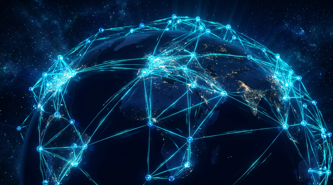 Abstract visualization of an interconnected global peer-to-peer device mesh with glowing nodes and data pathways