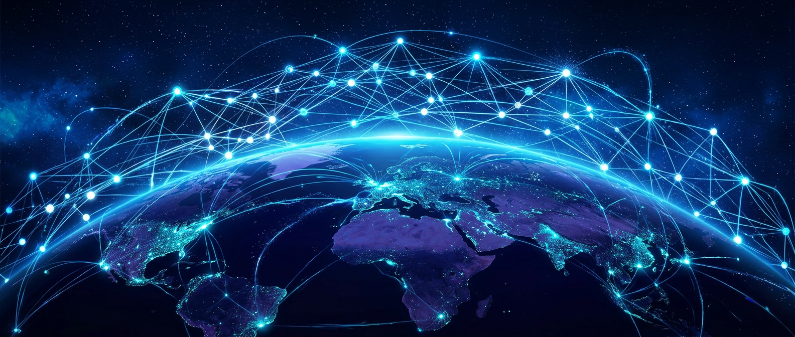Abstract digital mesh network glowing with deep blues and electric cyan, connecting various nodes across a dark, futuristic landscape.
