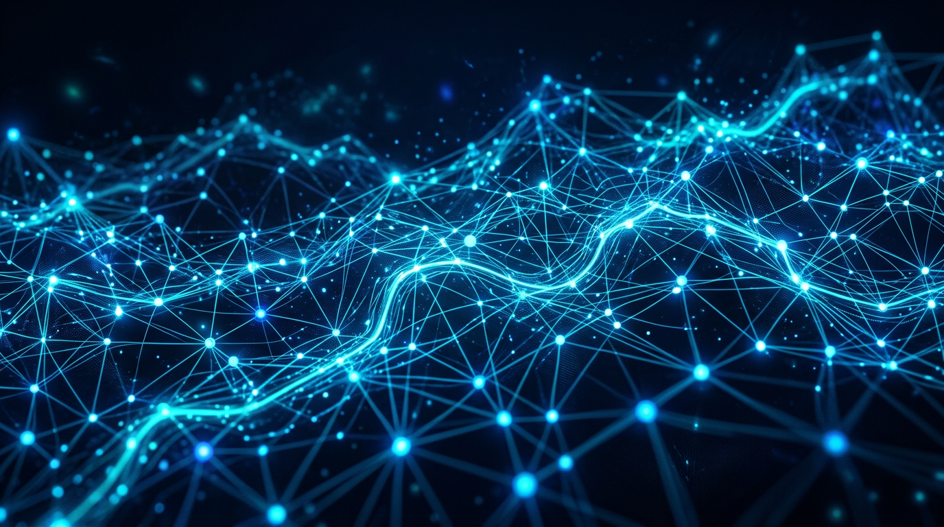 A visual representation of a dynamic, interconnected mesh network of glowing nodes and lines, illustrating decentralized device-to-device communication.