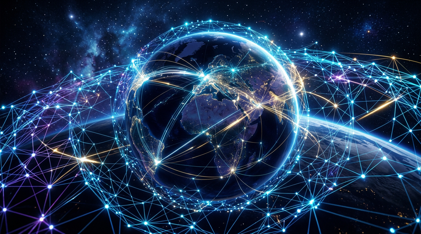 Abstract illustration of a glowing, interconnected global mesh network with nodes representing devices and light trails indicating data flow, set against a dark, futuristic background.