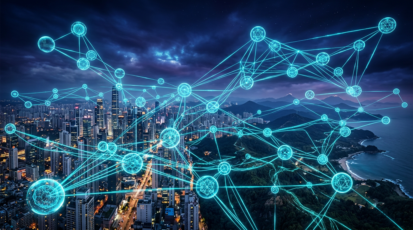 Futuristic abstract visualization of interconnected peer-to-peer communication nodes forming a glowing global mesh network in deep cyan and blue hues.