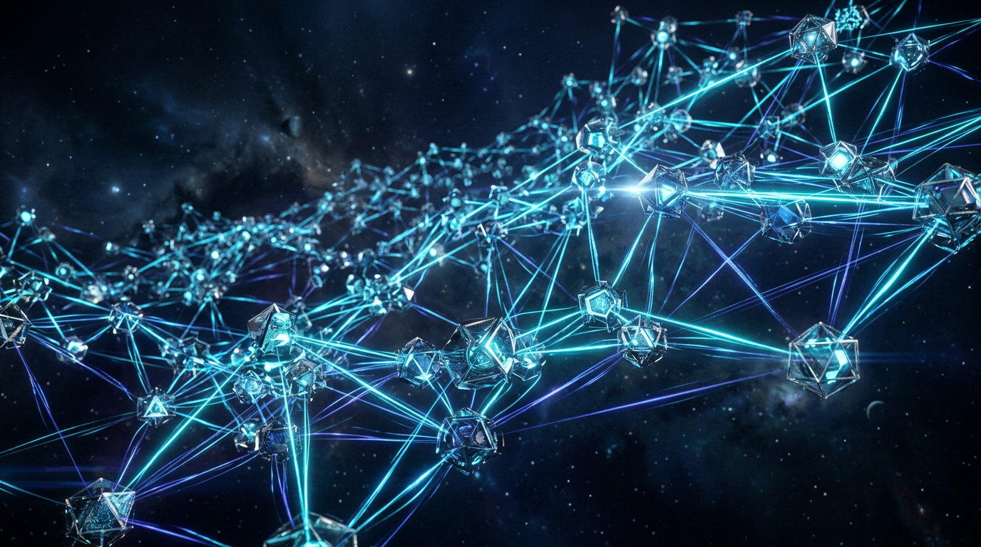 Abstract digital visualization of a decentralized peer-to-peer mesh network routing cryptographic data packets across global nodes.