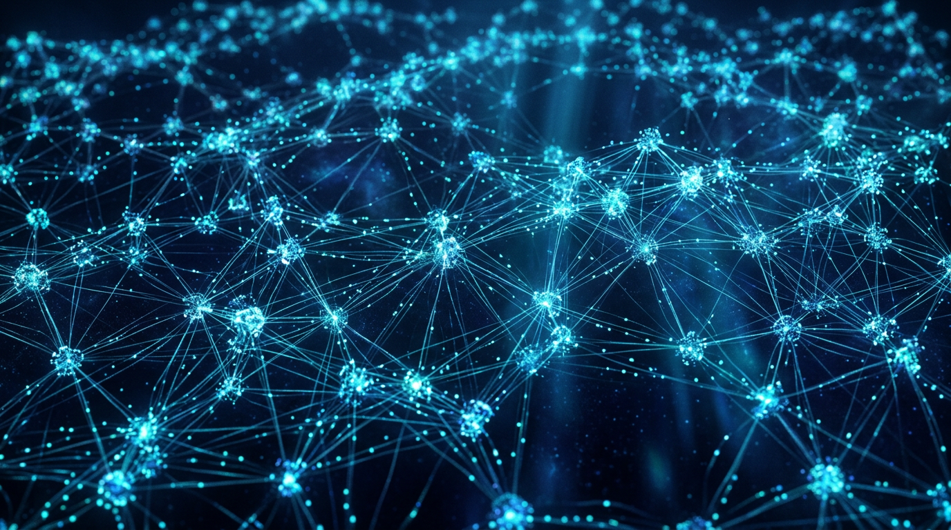 Abstract visualization of an interconnected decentralized peer-to-peer network mesh with glowing cyan nodes and deep blue communication pathways.