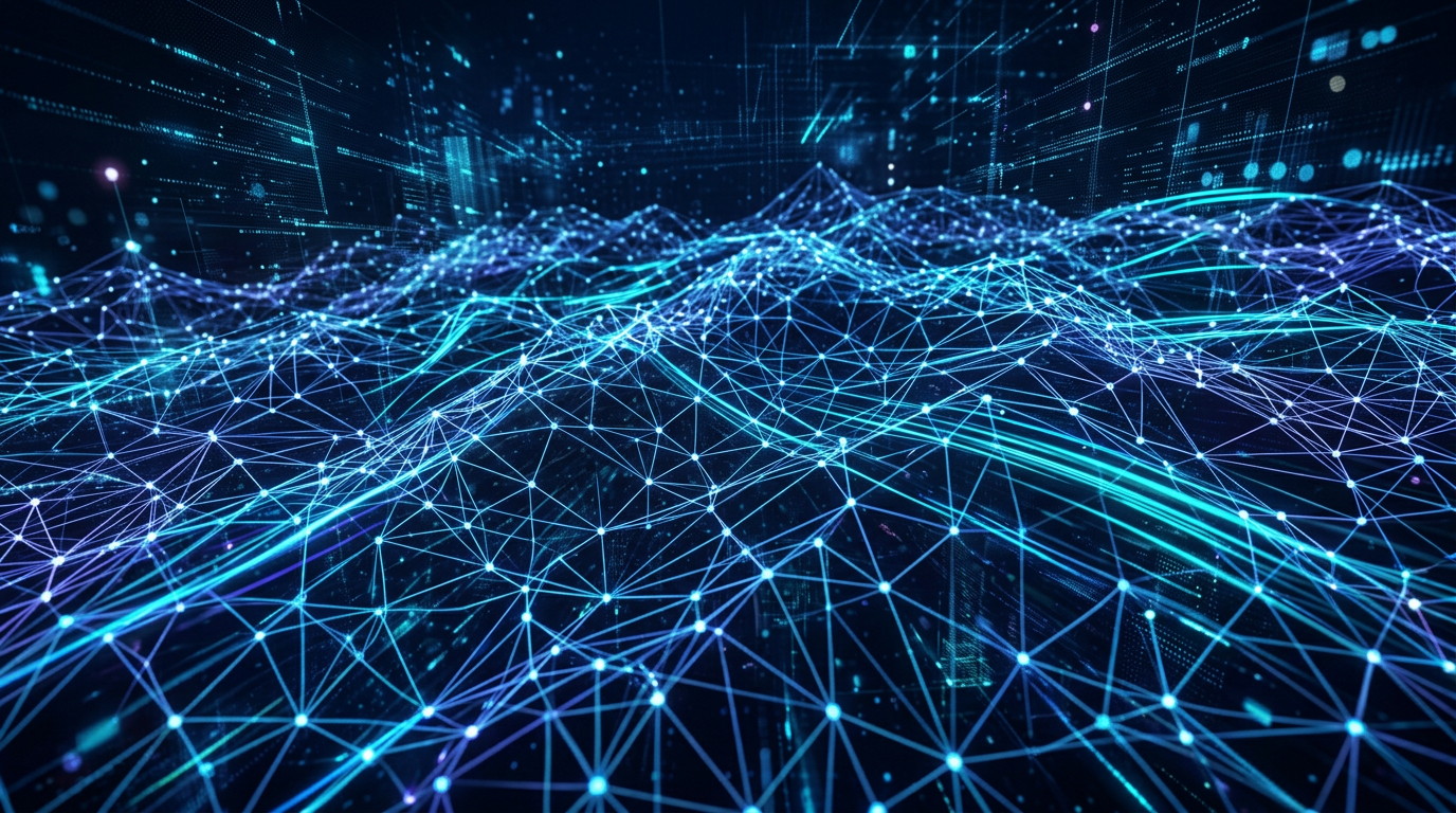 A futuristic depiction of a glowing, interconnected mesh network spanning a stylized globe, with data packets flowing between nodes.