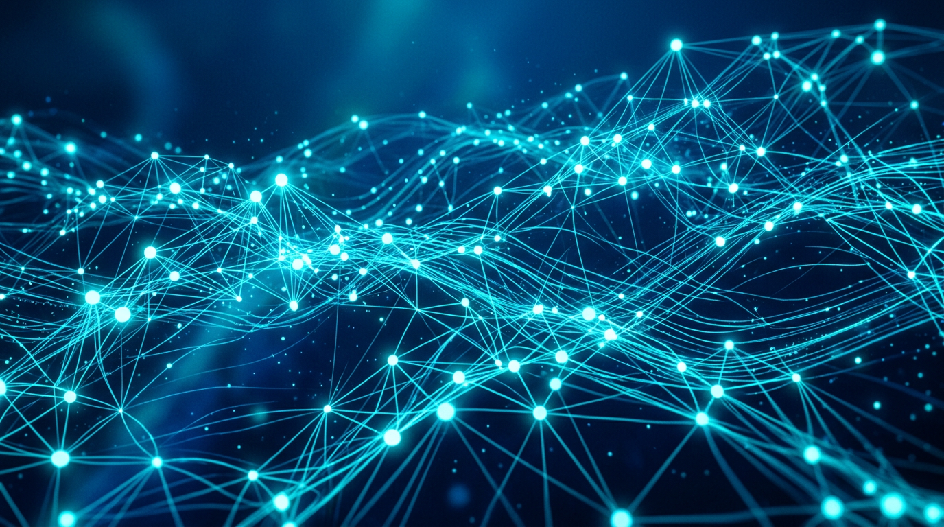 Abstract digital mesh network with glowing nodes and connecting lines, symbolizing decentralized communication and advanced technology.