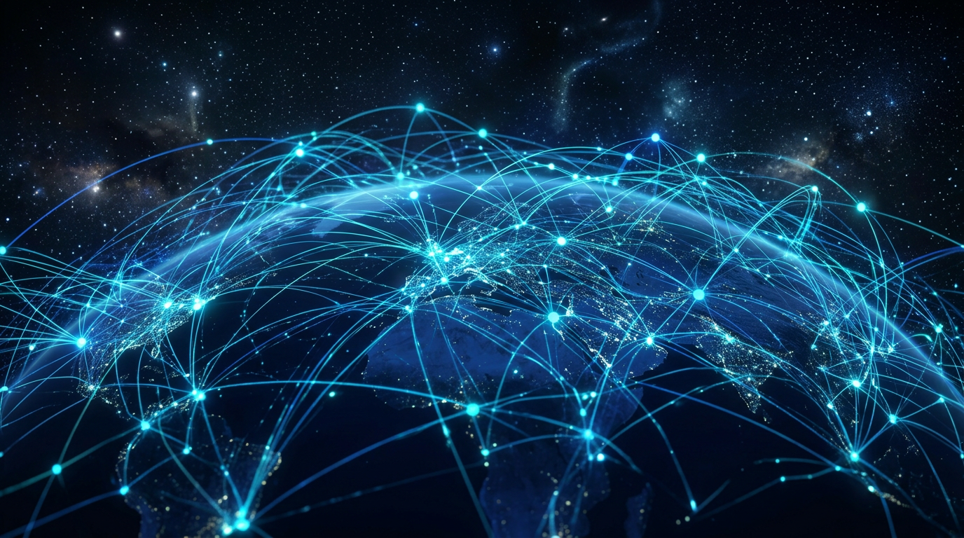 Abstract digital mesh network with glowing nodes and lines, representing decentralized device-to-device communication, against a deep blue and cyan background.