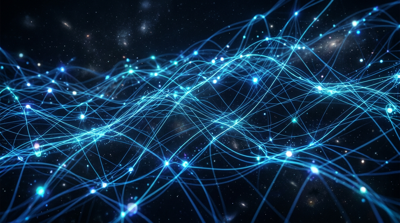 Abstract digital network mesh with glowing lines connecting various nodes, representing decentralized communication without cellular towers.