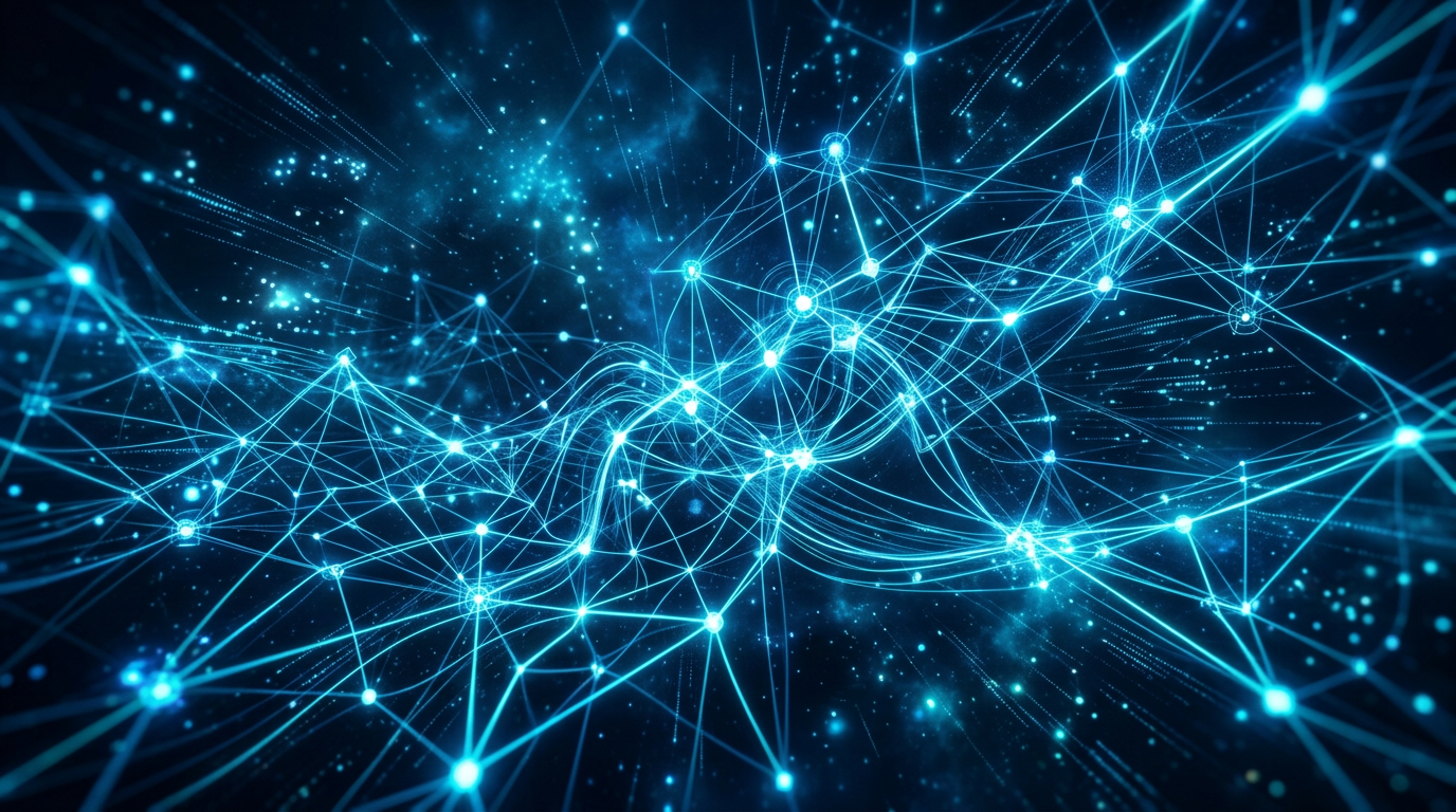 A network of interconnected glowing nodes forming a resilient, decentralized communication mesh against a dark, futuristic background.