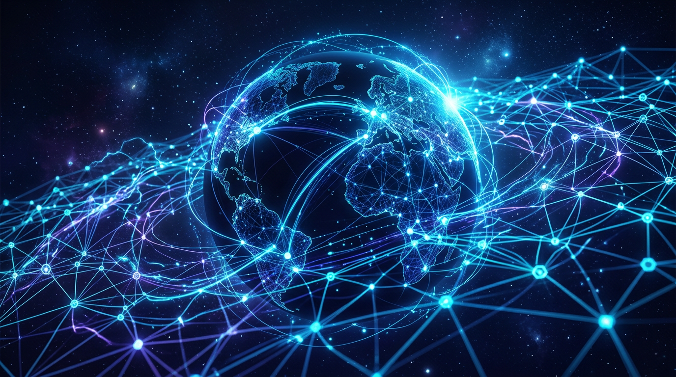 A mesmerizing abstract representation of a futuristic, decentralized communication mesh network with glowing nodes and interwoven lines, symbolizing global connectivity and data flow.