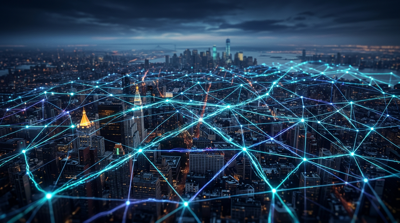 Abstract visualization of glowing device nodes forming an autonomous peer-to-peer wireless mesh network across a metropolitan skyline.