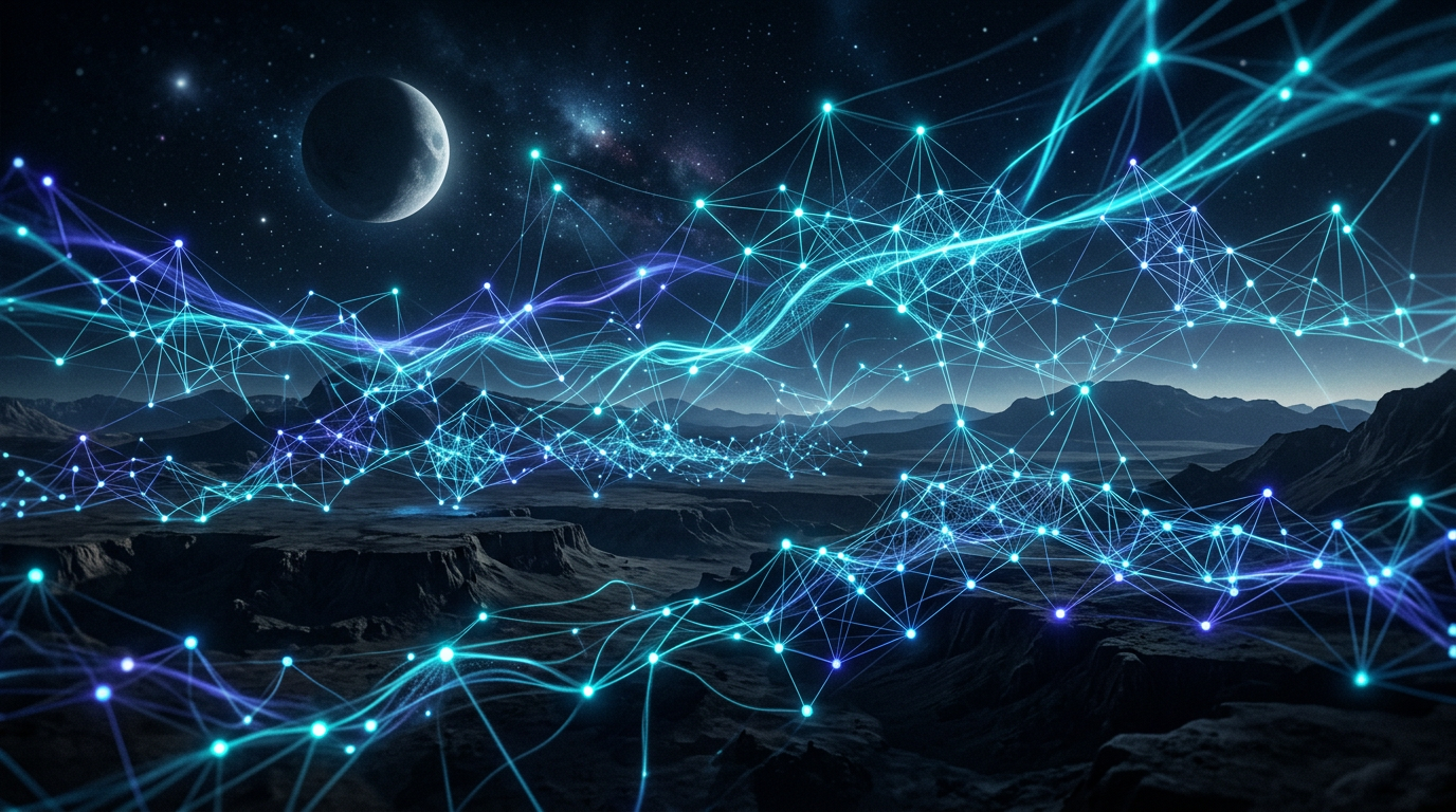 Futuristic visualization of glowing cyan and blue peer-to-peer network mesh lines connecting handheld devices without cellular towers