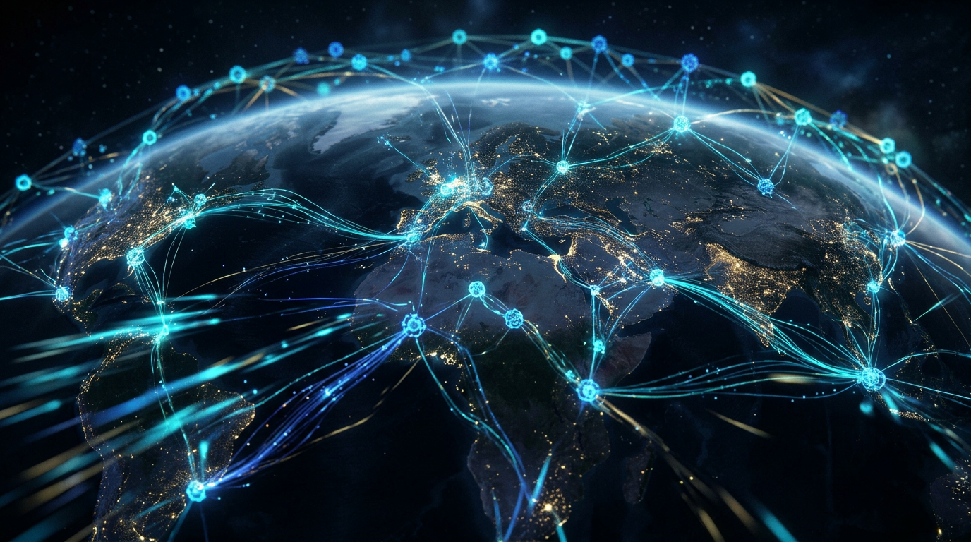 Abstract visualization of glowing cyan and deep blue decentralized nodes exchanging encrypted mesh data across a global topology without cell towers.