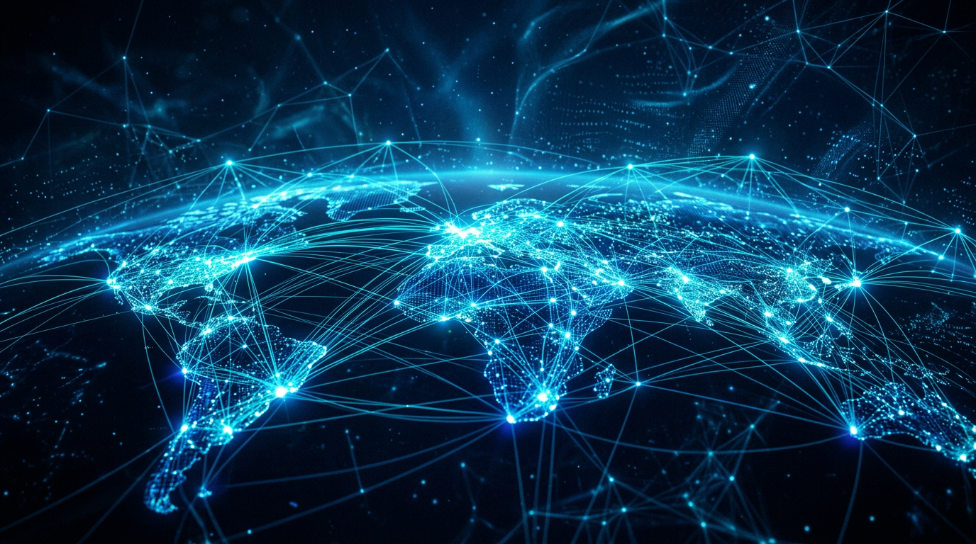 Abstract digital mesh network glowing with deep blues and electric cyan, symbolizing decentralized global communication.