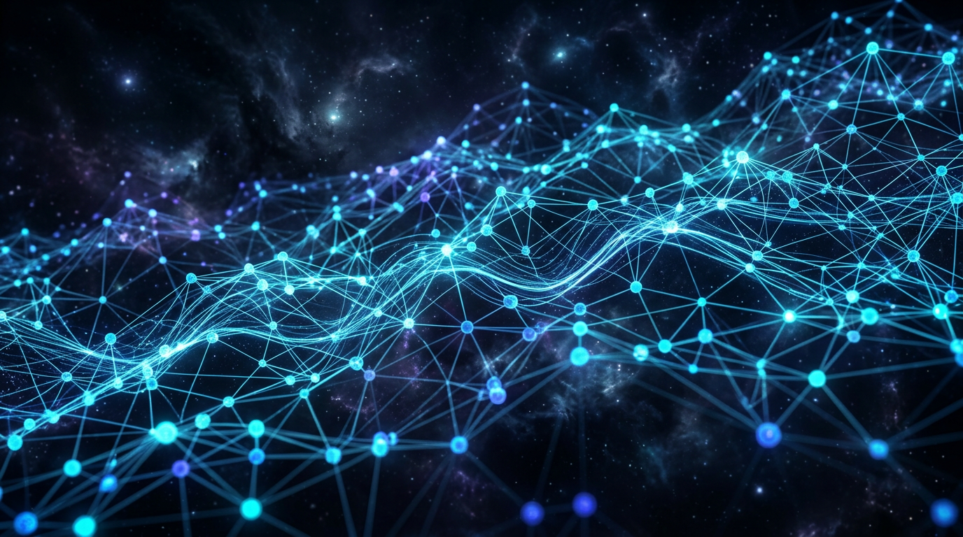 Abstract digital mesh network with glowing nodes and lines, representing secure and decentralized communication pathways.