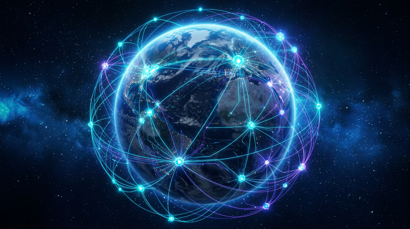 Abstract digital mesh network with glowing nodes and interconnected lines, suggesting a futuristic communication system.