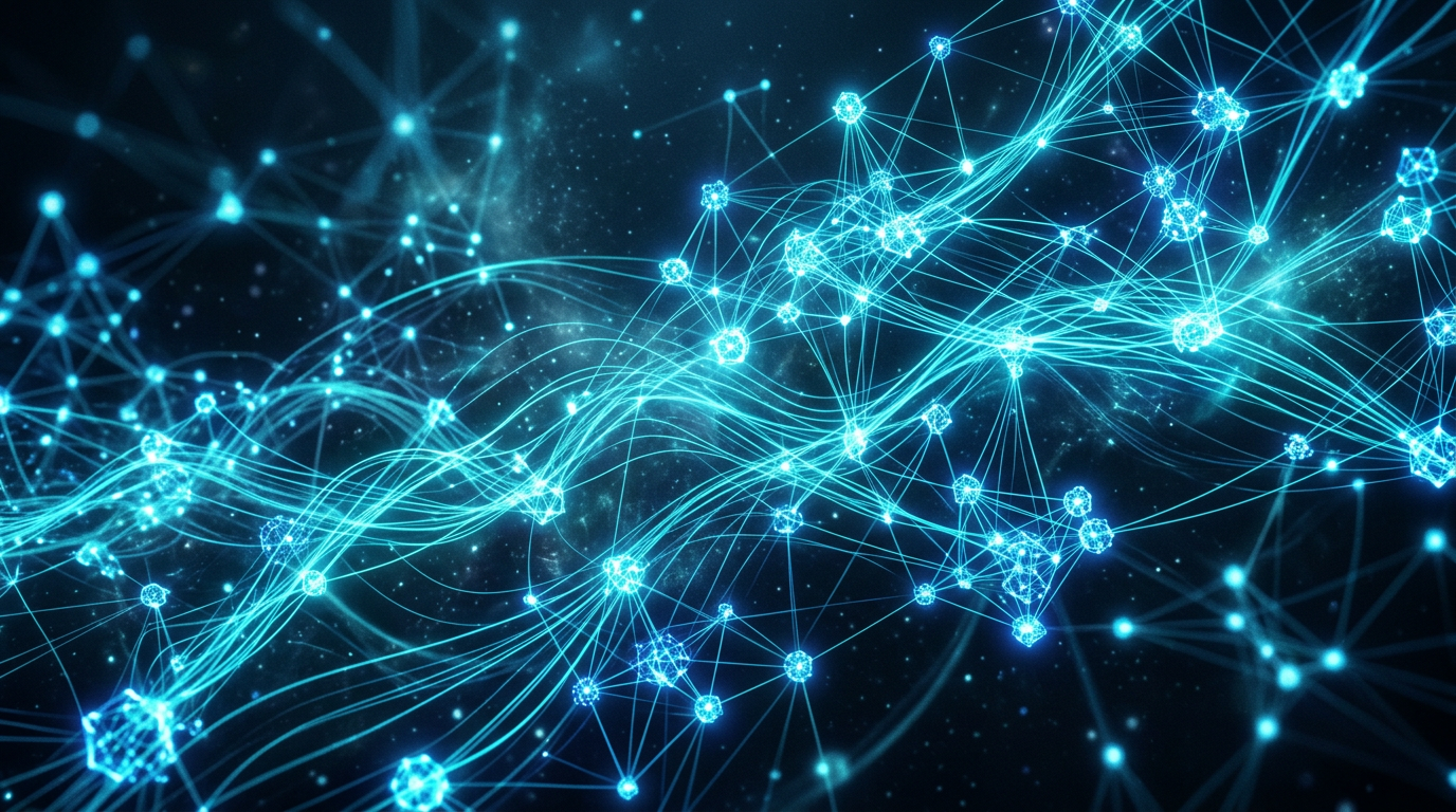Futuristic abstract network with glowing nodes and interconnected lines against a deep blue and electric cyan background, symbolizing AetherTelecom's decentralized mesh.