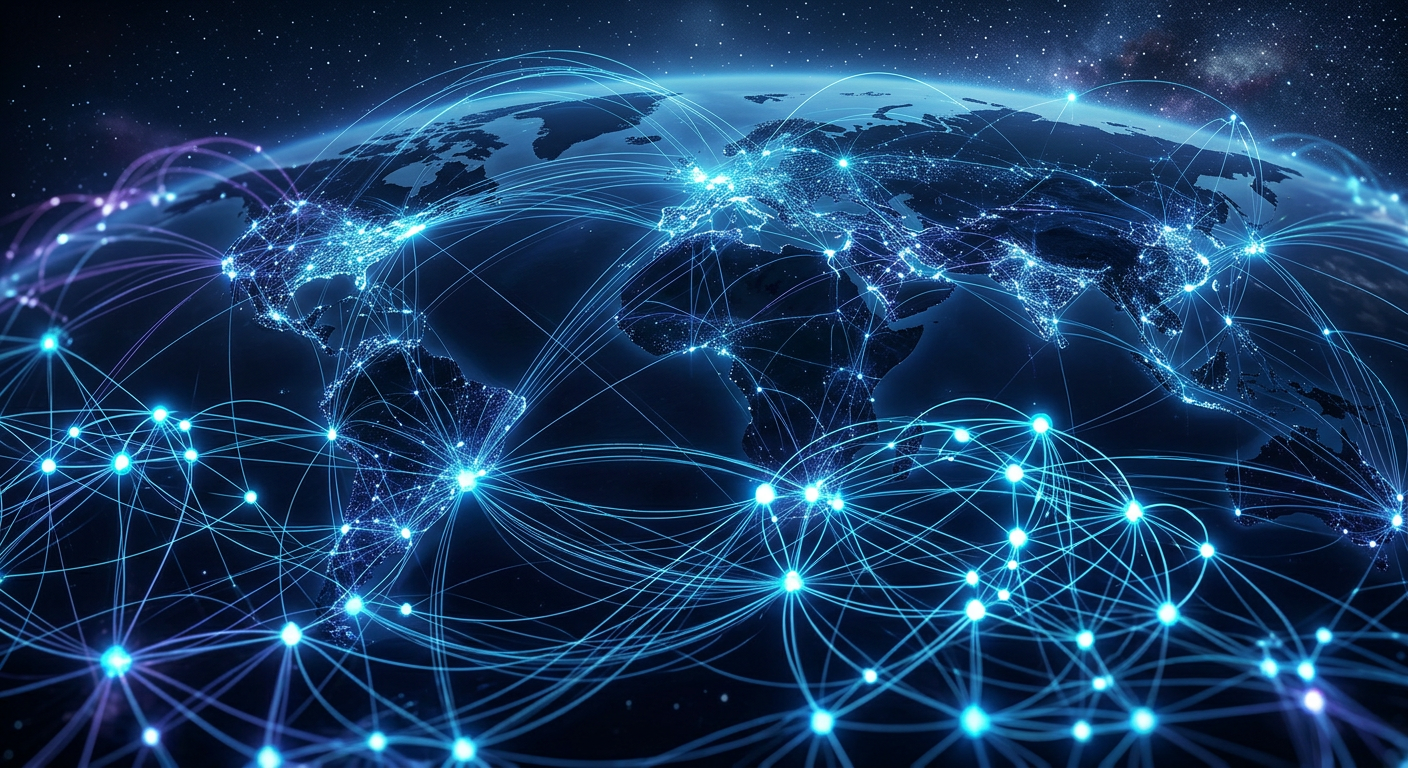 Abstract digital mesh network with glowing nodes and interconnected lines, symbolizing decentralized communication and AetherTelecom's technology.