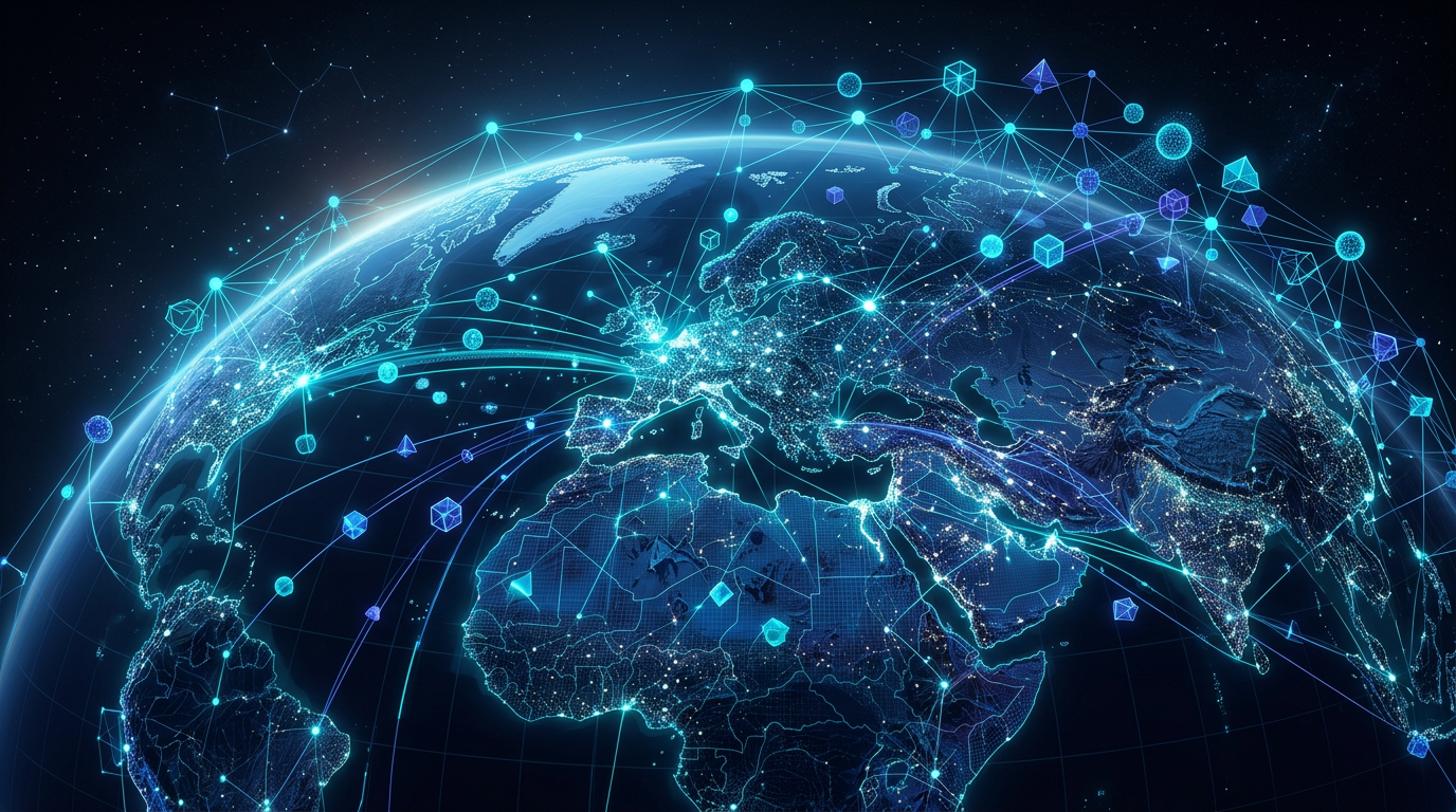 Abstract visualization of an interconnected, decentralized wireless mesh network with luminous nodes and data paths in cyan and deep blue.