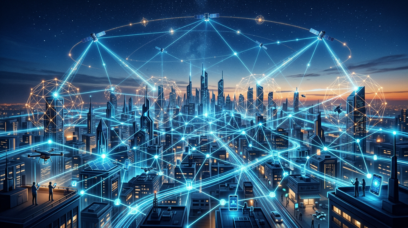 Futuristic abstract visualization of interconnected digital nodes forming a self-healing peer-to-peer wireless mesh network in deep blue and cyan light rays.