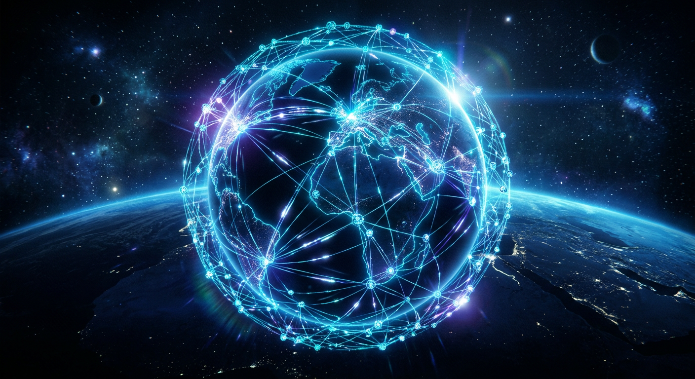 Abstract representation of a decentralized communication mesh network with glowing nodes and connecting lines against a deep blue background.
