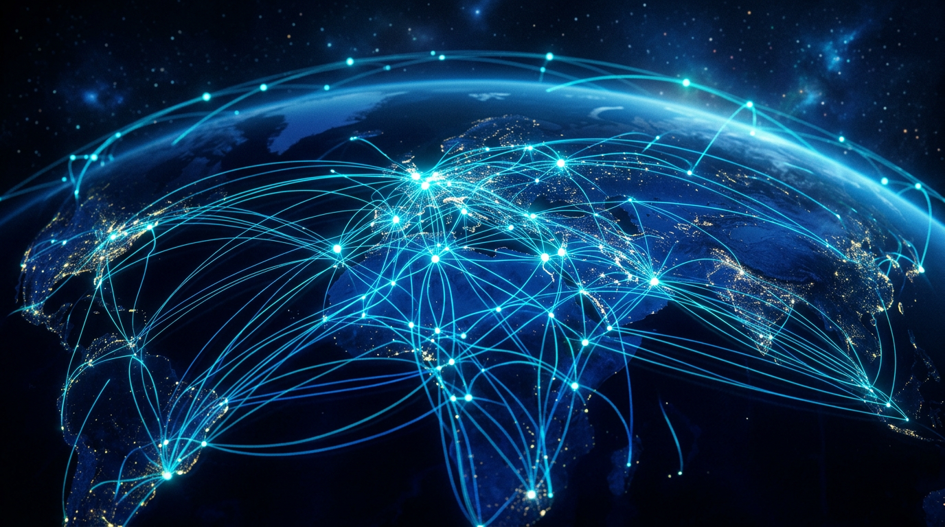 Futuristic abstract network mesh with deep blue and electric cyan connections, symbolizing AetherTelecom's decentralized communication.