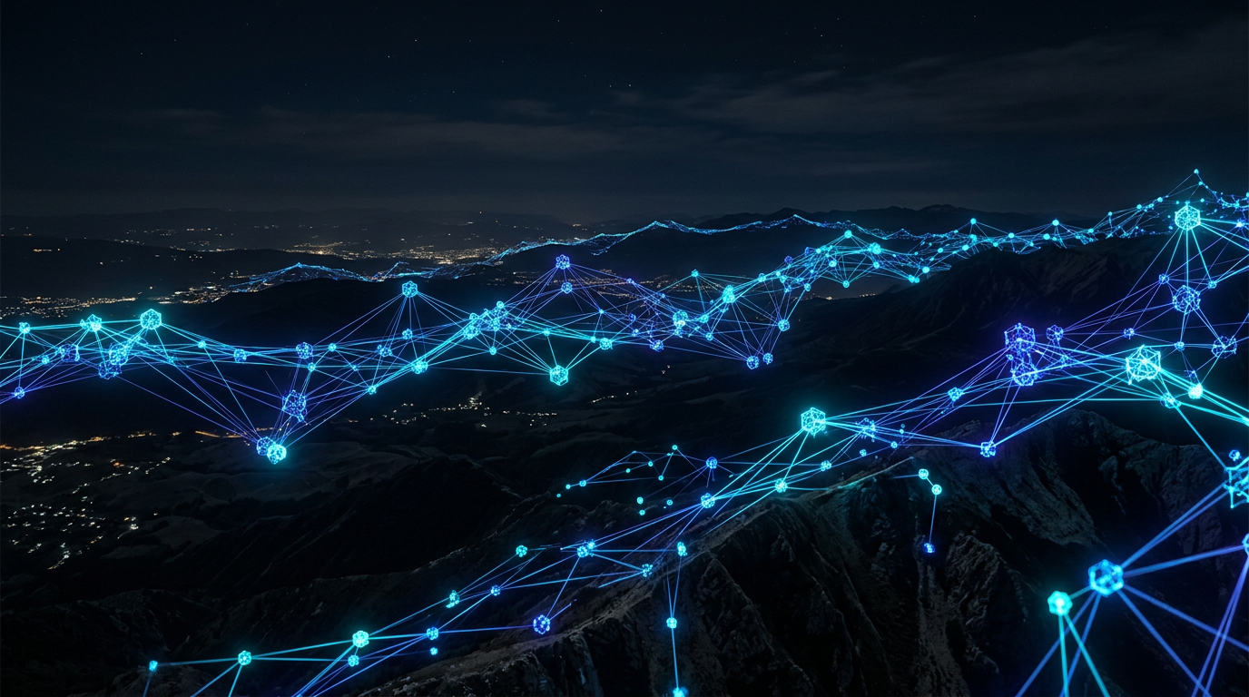 Abstract visualization of glowing cyan and deep-blue peer-to-peer data mesh connecting nodes without central cell towers