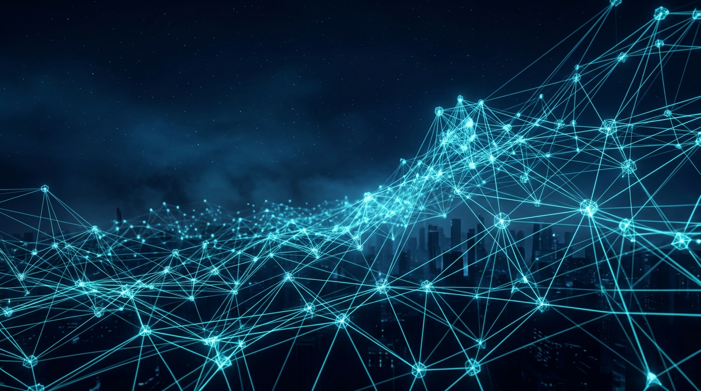 Abstract visualization of a decentralized peer-to-peer telecommunications mesh glowing with electric cyan nodes across a deep blue background.