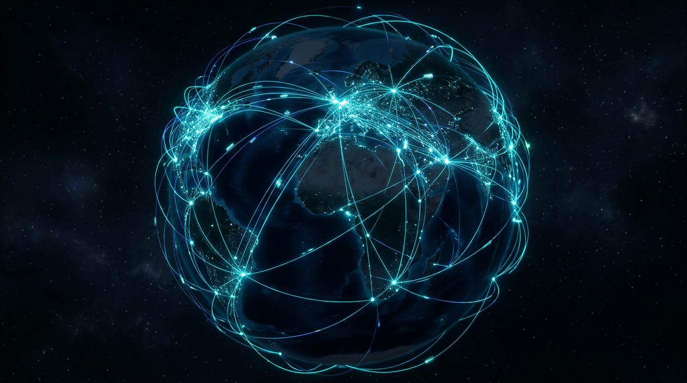 Futuristic visualization of an interconnected, decentralized peer-to-peer mesh network glowing across a globe without cellular towers