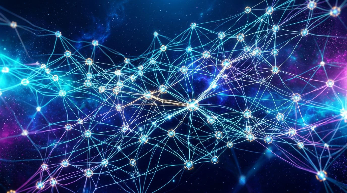 Abstract visualization of a decentralized, AI-routed communication mesh with glowing nodes and interconnecting lines against a deep space background.