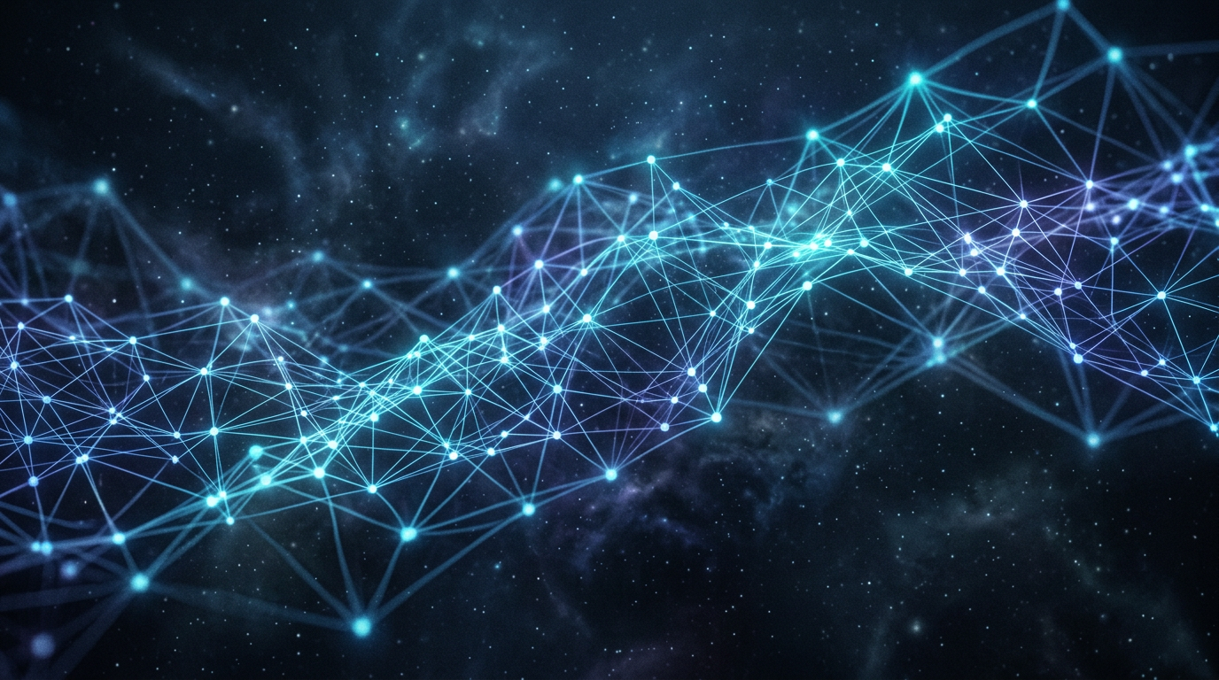 Abstract digital mesh network glowing with electric blue and cyan, illustrating decentralized communication and advanced technology.