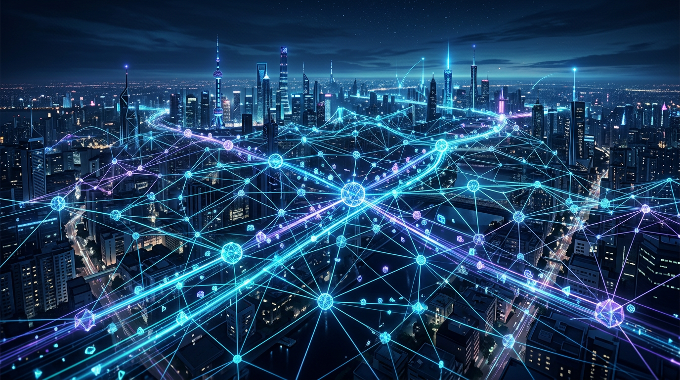 Futuristic abstract representation of an AI-routed decentralized mesh network connecting devices with glowing data vectors in deep blue and cyan.