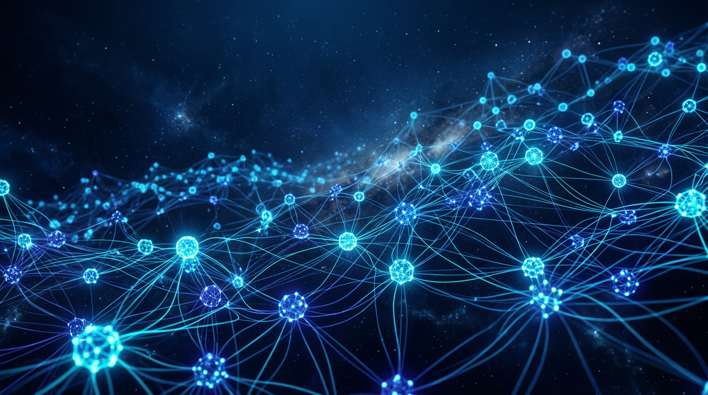 Abstract visualization of glowing cyan and deep-blue decentralized network mesh nodes interconnecting directly without a central hub.