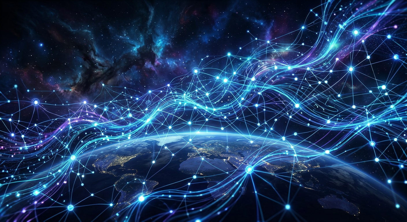 Abstract representation of a decentralized global communication mesh network, glowing with interconnected nodes and data streams against a dark, futuristic background.