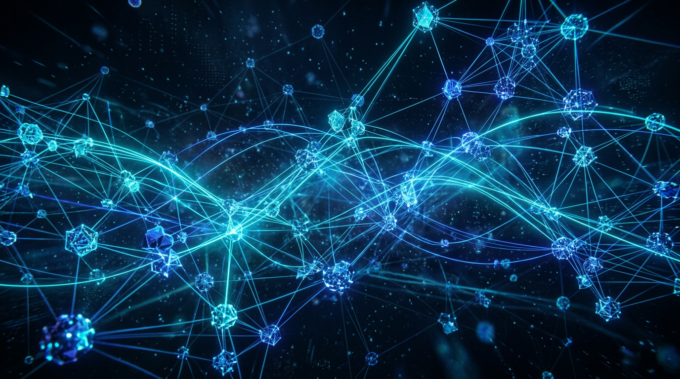 Abstract visualization of an interconnected, multi-hop peer-to-peer communication mesh glowing across a dark global map with quantum cryptographic nodes.