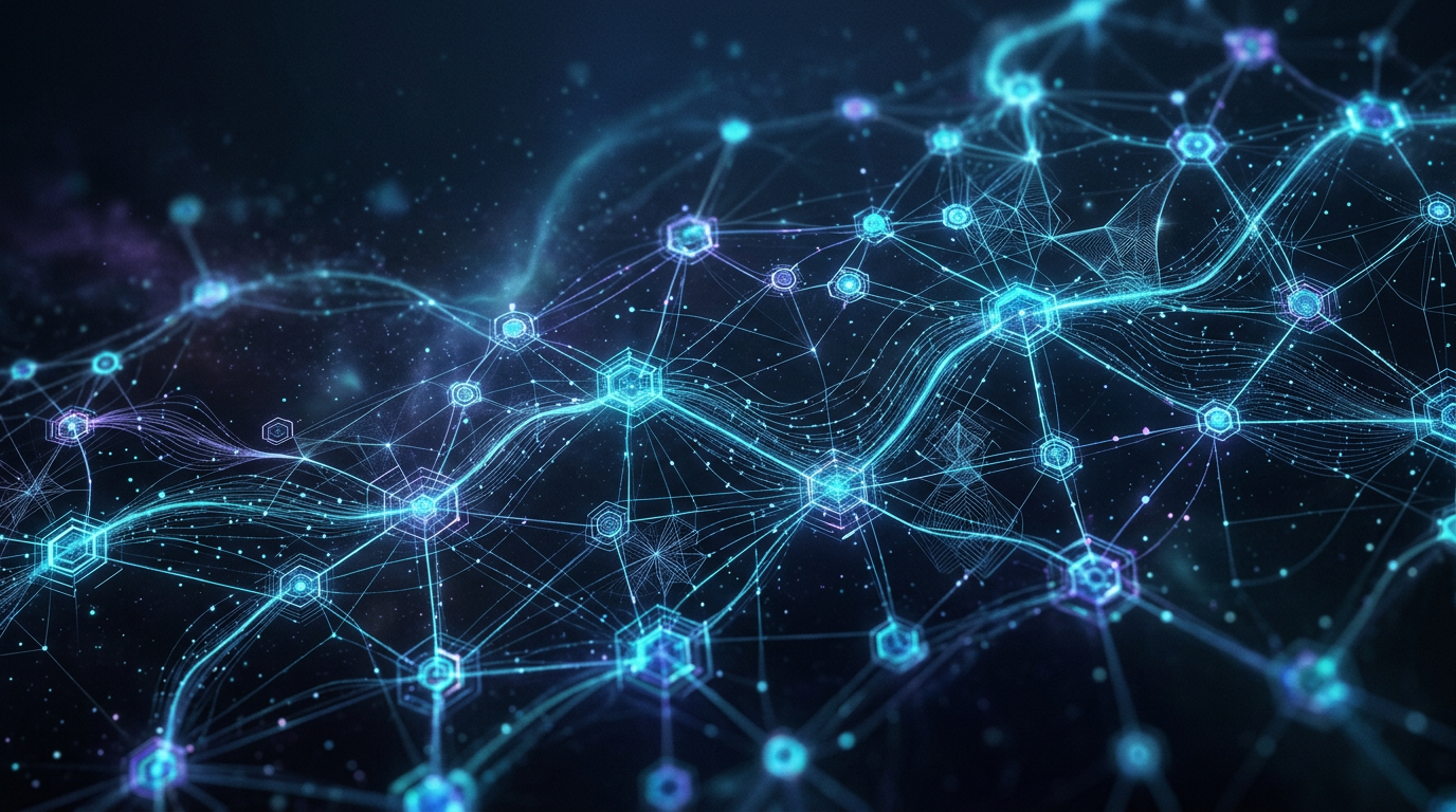 Abstract visualization of an infrastructure-free peer-to-peer communication mesh showing interconnected nodes with glowing data paths in deep blue and cyan.