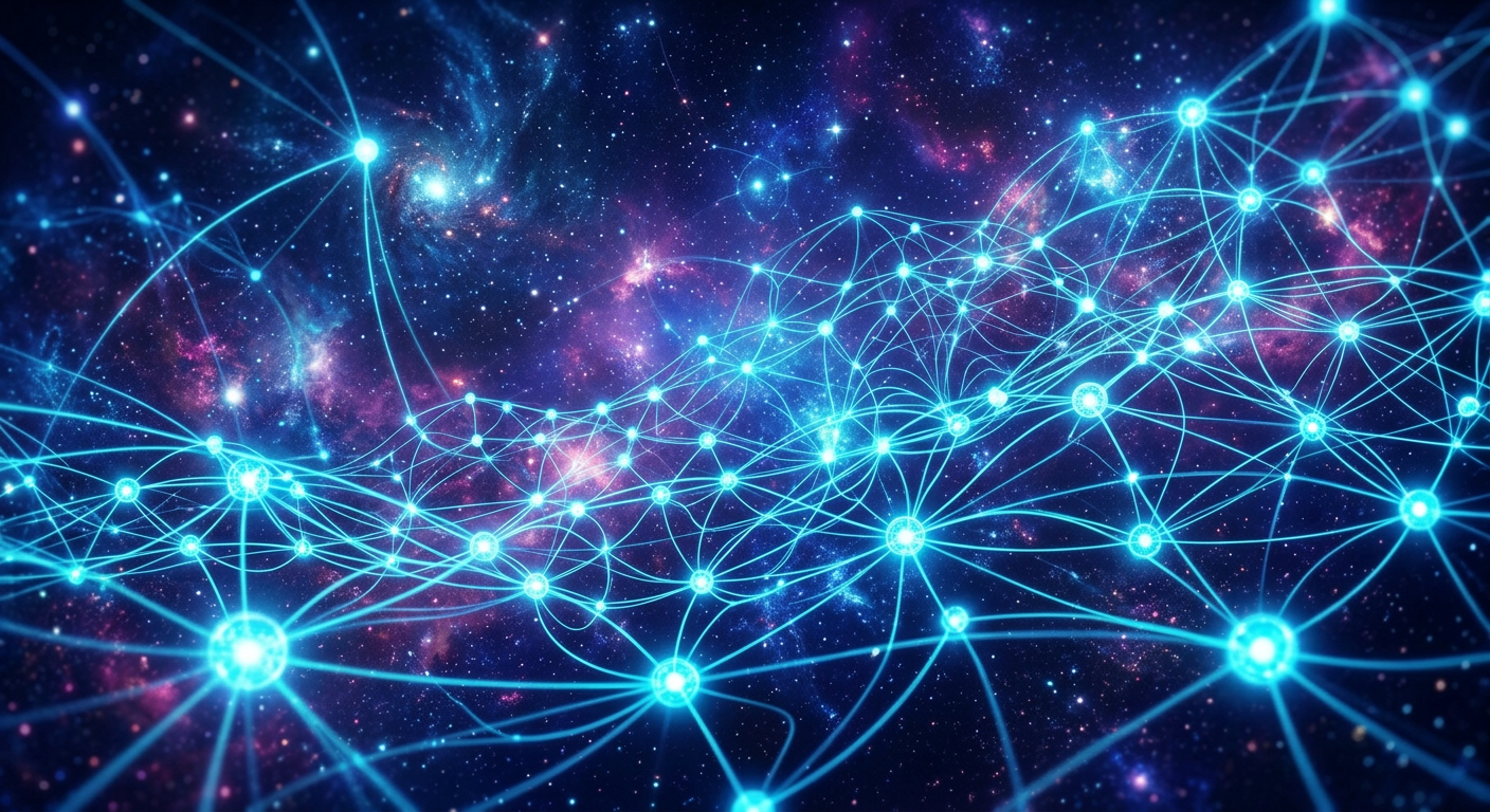Abstract representation of a futuristic, decentralized communication mesh network with glowing nodes and connecting lines against a deep blue background.