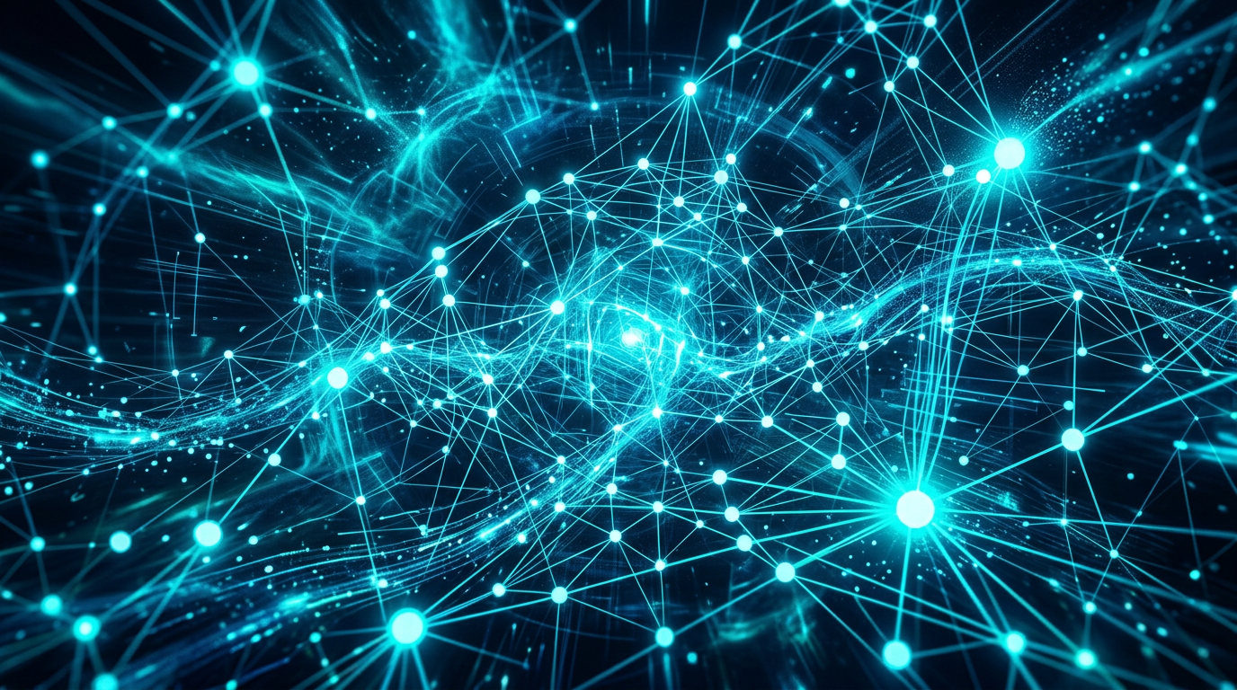 Abstract illustration of a glowing, interconnected network mesh with data streams, symbolizing AI-driven decentralized communication.