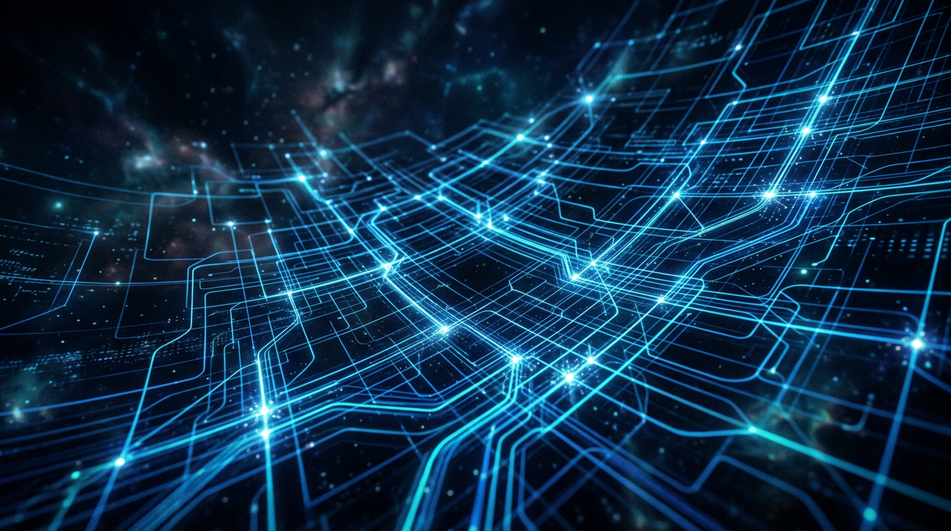 Abstract blue and cyan glowing lines forming a complex, interconnected mesh structure with sparkling node points, representing a futuristic decentralized communication network.